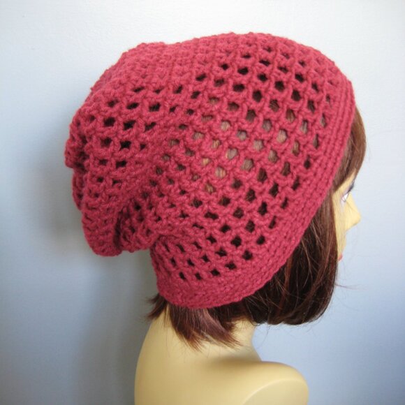 Burgundy Hand knit / Crochet Mesh Style Lightweight Winter Beanie Unisex - NEW - Picture 4 of 6